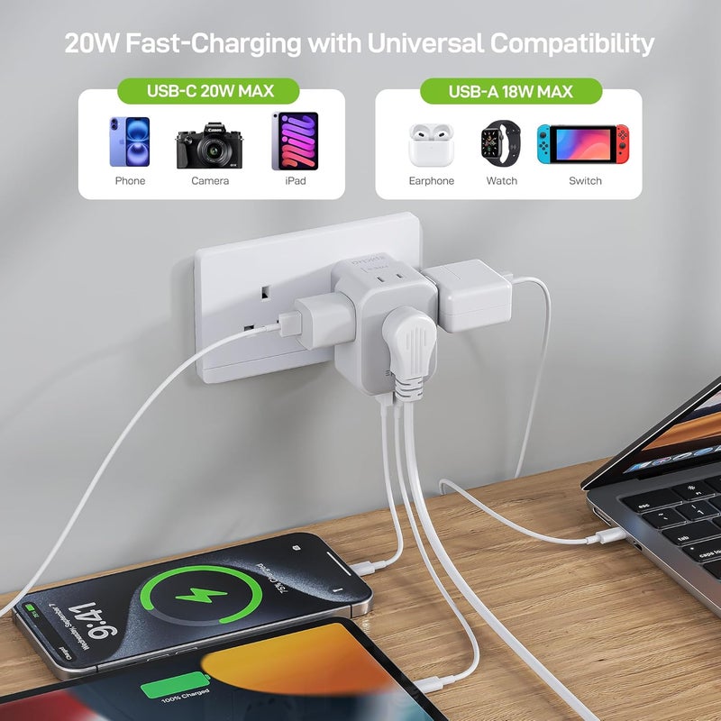 EPICKA Hybrid Travel Plug Adapter, 2 Packs Foldable & Detachable Type G (UK) VisaPlug, 8-in-1 International Power Adapter with 4 USB Ports (2 USB-C PD 20W), Travel Essentials for US to England - Image 3